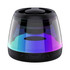 A Bluetooth speaker stand in black with a transparent casing featuring vibrant RGB LED lights. A Bluetooth speaker stand in black with a transparent casing featuring vibrant RGB LED lights.