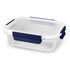 A clear glass lunch box with a white lid and navy blue clips for secure closure. Ideal for food storage.
