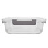 A clear lunch box with a grey handle, featuring a secure lid for storage. It has a simple, modern design.