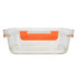 A clear lunch box with an orange handle, featuring a rectangular design and airtight lid.