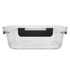 A clear lunch box with a black handle, designed for food storage. It features a transparent design for visibility.