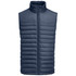 A navy blue padded vest with a zip front and high collar, featuring horizontal quilted patterns and a logo.
