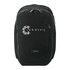 A black backpack with a logo on the front, featuring a sleek design and multiple compartments.