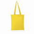 A yellow tote bag with long handles and a simple design, featuring a logo.