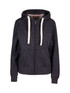 A dark grey heavy zip fleece hoodie with a hood and cream drawstrings, featuring two front pockets and a logo.