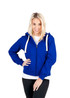 A blue zip fleece hoodie with a hood, featuring a white drawstring, modelled by a woman.