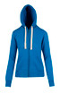 A blue women's heavy zip fleece hoodie with a hood and two front pockets. It has a logo on it.