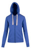 A blue women's junior heavy zip fleece hoodie with a hood, featuring two front pockets and a branding logo.