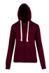 A women's junior heavy zip fleece hoodie in burgundy with a hood and cream-coloured drawstrings.