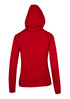 A red women's juniors heavy fleece hoodie with a hood and ribbed cuffs. It features a branding logo.