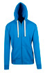 A blue zip fleece hoodie with a hood and cream-coloured drawstrings, featuring a front pocket and logo.