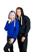 A blue and black brushed heavy zip fleece hoodie with two models wearing them, one male and one female.