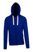 A blue brushed heavy zip fleece hoodie with a hood and drawstrings, featuring a front pocket and a logo.
