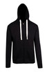 A black zip fleece hoodie with a hood and contrasting white drawstrings. It features front pockets and is unadorned.