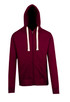 A burgundy men's brushed heavy zip fleece hoodie featuring a front pocket and a contrasting hood drawstring.