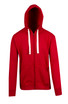 A red brushed heavy zip fleece hoodie with a hood and front pockets, featuring a logo.