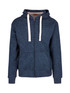 A navy blue men's brushed heavy zip fleece hoodie with a hood, front pockets, and contrasting drawstrings.