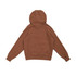 A brown zippered hoodie with a kangaroo pocket and a hood, featuring a logo.