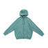 A teal cotton hoodie with a kangaroo pocket and zipper, featuring a hood and a logo.