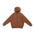 A brown cotton hoodie with a kangaroo pocket and a zipper, featuring a hood and ribbed cuffs.