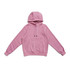 A pink kangaroo pocket hoodie with a hood and long sleeves. Features a logo on the front.