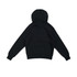 A black women's/junior cotton hoodie featuring a kangaroo pocket and a hood. The back view is displayed.
