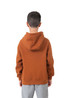 A brown hoodie with a kangaroo pocket and a hood, viewed from the back, worn by a model in grey pants.