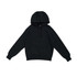 A black kangaroo pocket hoodie with a hood and long sleeves, featuring a logo.