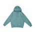 A teal kangaroo hoodie featuring a front pocket and drawstring hood. The hoodie has a logo on it.
