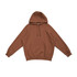 A brown cotton hoodie featuring a kangaroo pocket and hood. It has a simple design with long sleeves.
