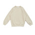 A beige kids' cotton sweatshirt with a classic crew neck and long sleeves. It features a logo on the tag.