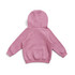 A pink hoodie with a kangaroo zip pocket and a hood, featuring a logo.