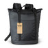 A black cooler toting bag with dual shoulder straps and a front pocket, featuring a tag and a simple logo.