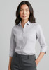 A light grey women's button-up shirt with 3/4 sleeves, featuring a collar and a front button closure.