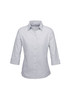 A light grey women's button-up shirt with 3/4 sleeves and a collar, featuring a logo on the chest.