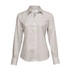A women's button-up shirt in a cream and brown check pattern, featuring a collar and long sleeves. Includes a logo.