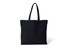 A black heavy tote bag with two long handles and a simple design. It features a logo on the side.