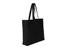 A black heavy tote bag with long handles and a simple design. It features a logo on one side.