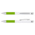 A metal pen featuring a white barrel with a vibrant green grip and chrome accents. The pen has a branding logo.