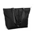 A black tote bag with two long handles and a zip closure, featuring a simple, sleek design.