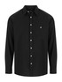 A black long sleeve button-up shirt featuring a chest pocket and a branded logo on the label.