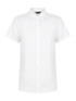 A white short sleeve shirt with a collar, featuring a front button placket and a logo on the label.