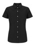 A black ladies' short sleeve shirt with a fitted design and button placket, featuring a logo on the label.