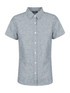 A short sleeve shirt in a grey fabric, featuring a button-up front and a collar, with a branding logo.