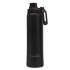 A drink bottle in matte black stainless steel, featuring a screw top and a carry handle. It includes branding on the body.