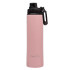 A drink bottle made of stainless steel, featuring a pink exterior and a black lid with a logo.
