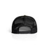 A black mesh trucker cap featuring an adjustable strap and a contrasting front panel.