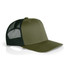 A khaki mesh contrast trucker cap with a solid front and a black mesh back. It features a logo on the side.