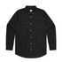 A black Oxford shirt with long sleeves, a button-down collar, and a chest pocket. It features a logo on the fabric.