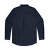 A navy blue button-up Oxford shirt, featuring long sleeves and a collar, with a plain back design and a logo.